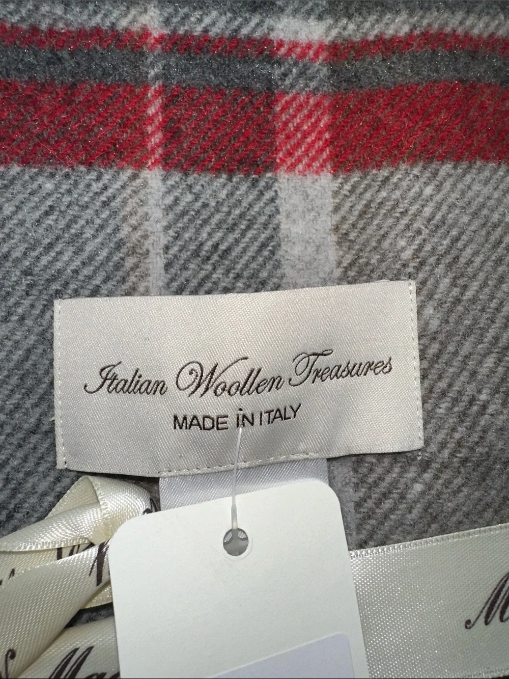 Italian Woollen Treasures Men’s Gray Silver Tan Red Fringe Wool Scarf